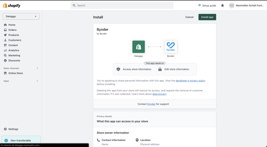 Shopify app installation